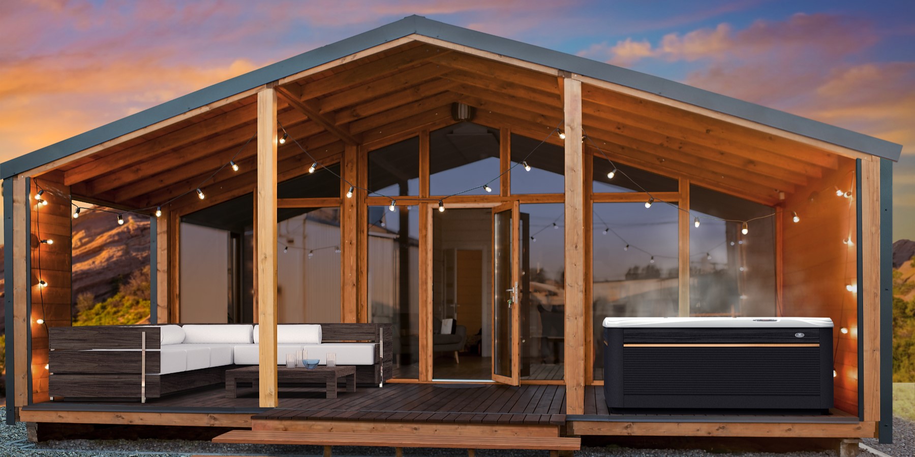 Caldera Spas hot tub on deck of a mountain house.