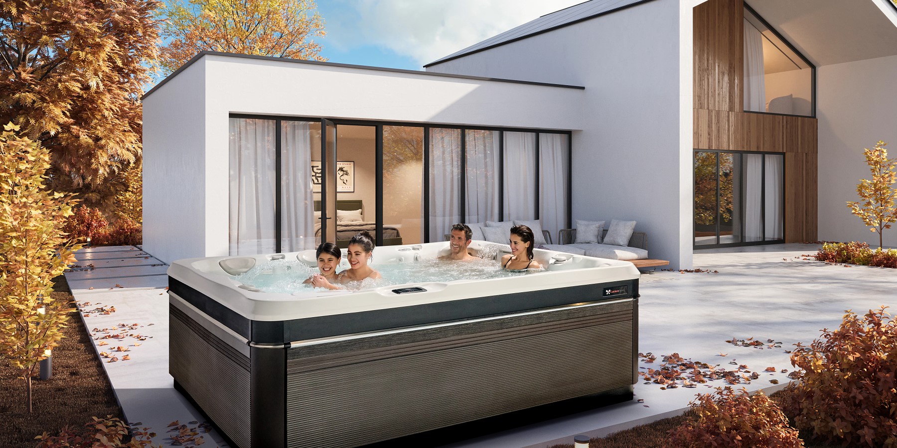 Family enjoying outdoor hot tub on their patio