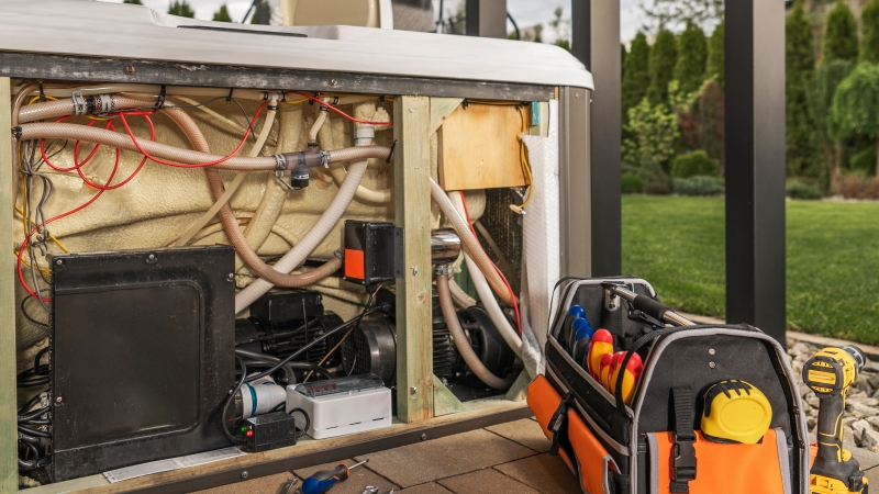 HCAT hot tub repair and maintenance Internal view of hot tub plumbing and controls for maintenance